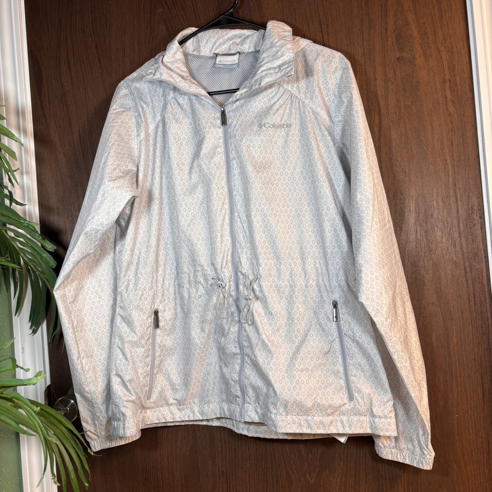 Columbia Hooded Zip Front Lightweight Rain Jacket Gray Print Medium